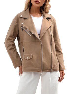 Women's Brown Faux Leather Lapel Collar Zip Up Long Sleeve Short Coat Jacket